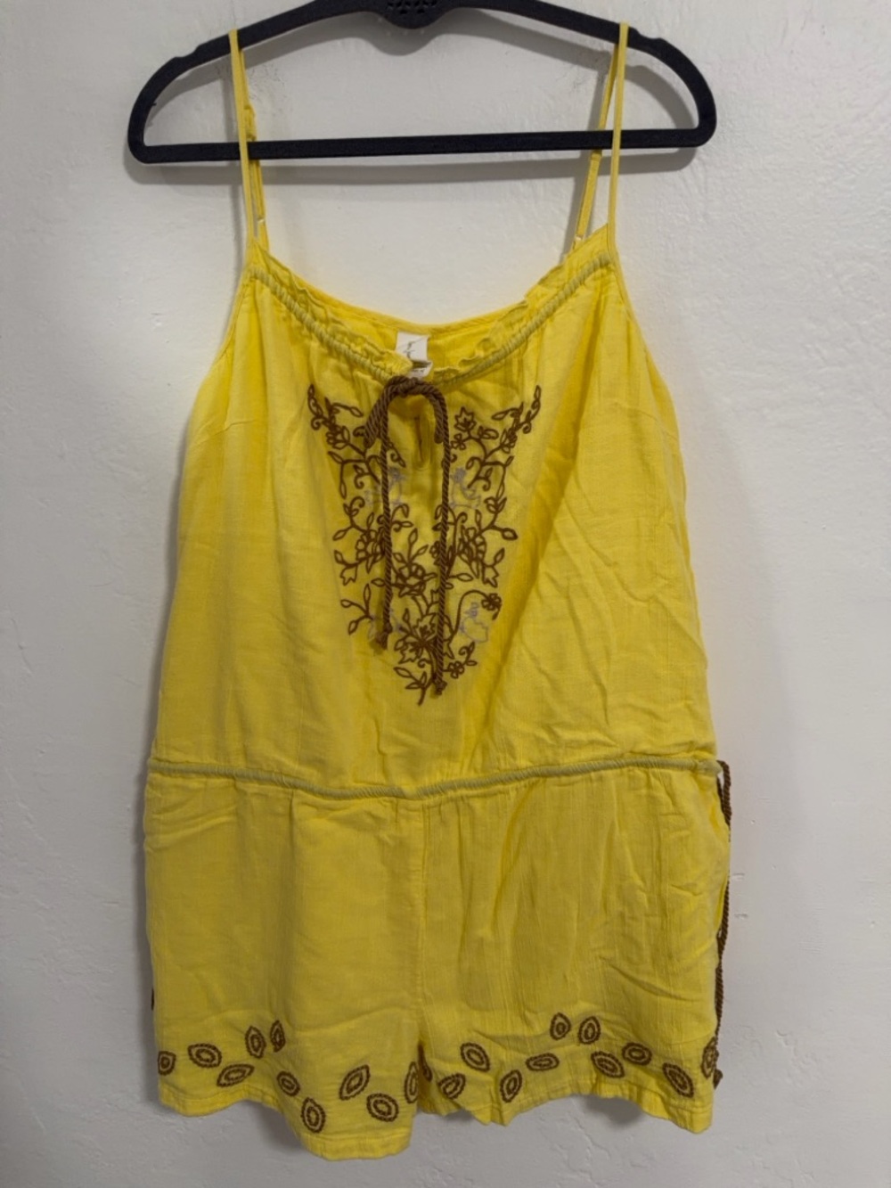 London Jean Yellow Embroidered Romper Boho Cotton Playsuit Size L Summer